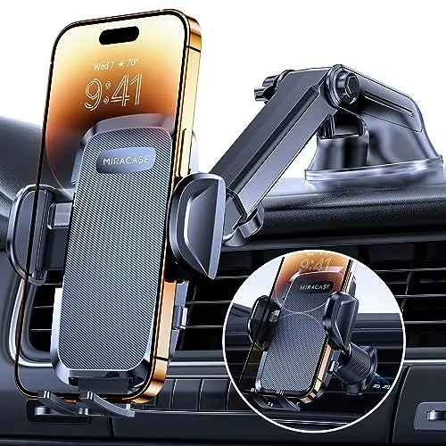 Produktbild: Miracase Handyhalterung Auto(Verbesserter Saugnapf&Metall-Doppelhaken) Handyhalter Auto Lüftung Armaturenbrett Windschutzscheibe, KFZ Handy Halterung für iPhone Samsung Galaxy Alle Smartphones