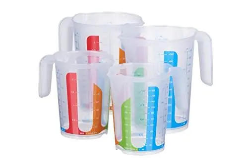 Produktbild: MiraHome Messbecher 4er Set bunt – 2 Messbecher mit 1L & 2 Messbecher mit 500ml – bruchsichere Kunststoff-Meßbecher für Küche – Skala für ml/L, Cups & Gramm für Zucker/Mehl – Austrian Quality