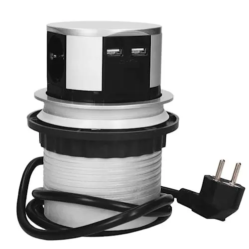 Produktbild: Miratic Versenkbare Einbau Steckdosenleiste 3-Fach + 2X USB Ladegerät 3680W, Ø10cm, Anschlussfertig mit 1,5m Schuko kabellänge