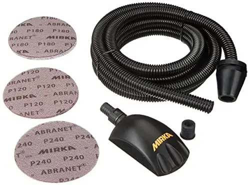 Produktbild: Mirka Roundy Kit Handblock mit Absaugung/Schleifklotz mit Klett inkl. 4m Absaugschlauch & 15 Stück Mirka Abranet Netzschleifscheiben Klett Ø 150mm Korn P120 P180 P240 / KIT00ROUND