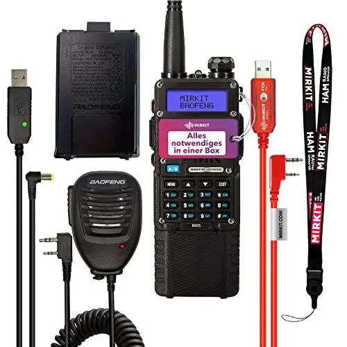 Produktbild: MIRKIT Funkgeräte Set BAOFENG VHF UHF VOX Funkgerät Set mit BAOFENG MaxPower MK5 mit 3800 und 1800 mAh Akku, Lautsprecher Mikrofon,Programmierkabel,Amateurfunk Handfunkgerät Kordel-Extra Pack Schwarz