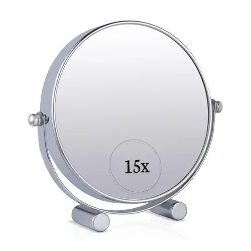 Produktbild: Mirrorvana 15X Vergrößerung Kosmetikspiegel mit Ständer - Doppelseitiger Schminkspiegel, 15-Fach und 1-Fach Vergrößerungsspiegel fürs Bad, 17cm x 15cm (Chrom)