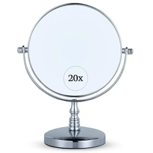 Produktbild: Mirrorvana 20X Vergrößerung Kosmetikspiegel mit Ständer - Doppelseitiger Schminkspiegel, 20-Fach und 1-Fach Vergrößerungsspiegel fürs Bad, 23cm x 15cm (Chrom)
