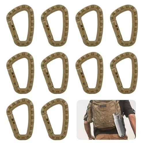 Produktbild: MisFun 10 Stück Karabiner, D Form Carabiner, Karabinerhaken Plastik, Kunststoff Karabiner Clip, Taktik Karabiner für Camping Wandern Angeln Gym Rucksack Außeneinsatz (Khaki)