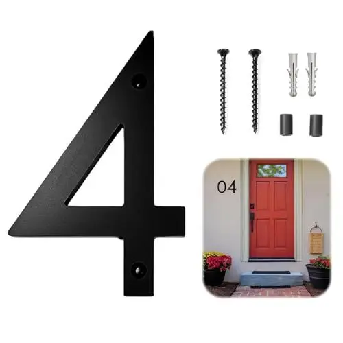 Produktbild: MisFun Hausnummernschild, Schwimmende Hausnummer 6 Zoll (15 CM), Moderne Hausnummern für Den Außenbereich, Hausnummer Schwarz Dreidimensionale Hausnummer House Number Adressmarker (Nummer 4)