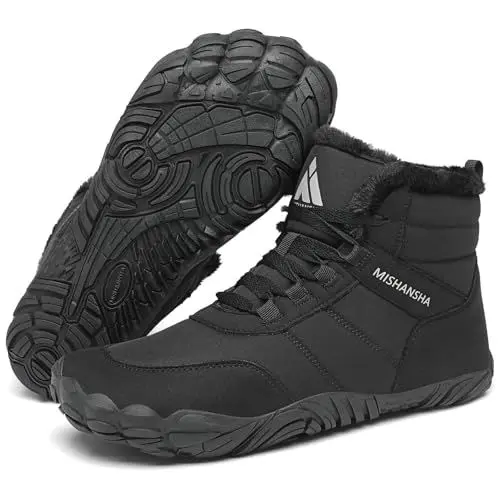 Produktbild: Mishansha Damen Herren Barfußschuhe Winter Warm Gefüttert Winterschuhe Outdoor Rutschfest Barfuss Winterstiefel Bequem Leicht Winterboots mit Zero-Drop Solhe und Breite Zehenbox, Krähe Schwarz 44EU