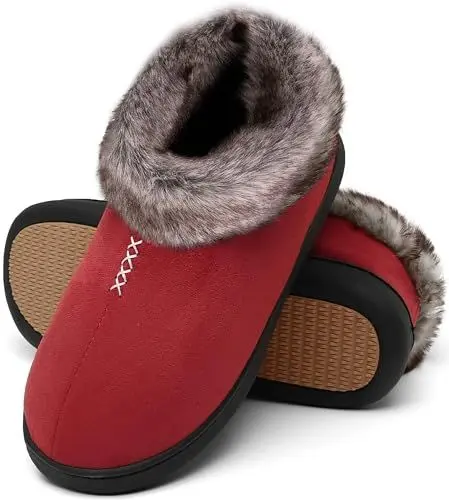 Produktbild: Mishansha Hausschuhe Damen Winter Warm Gefütterte Hüttenschuhe Geschlossen Fell Slippers Women Rotwein, Gr.40 EU