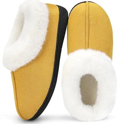 Produktbild: Mishansha Herren Damen Hausschuhe Winter Wärme Memory Foam Pantoffeln Rutschfeste Leicht Plüsch Harte Sohle Slippers für Indoor & Outdoor, Gelb, 42/43 EU