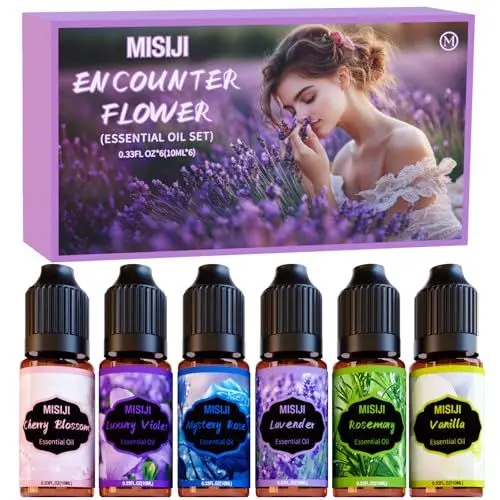 Produktbild: MISIJI Flower Ätherische Öle Set für Diffuser, Aromatherapie Duftöl GeschenkSet, Duftöle für Diffuser,Kerzenherstellung,Mestery Rose, Kirschblüte, Luxus Veilchen, Rosmarin, Vanille, Lavendel