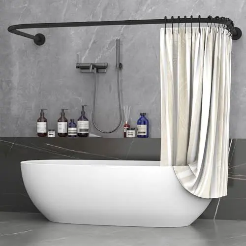Produktbild: Misounda Duschvorhangstange U/L Form 75×(150-190)×75 cm - Duschstange für Duschvorhang Badewanne Ecke Schiene mit Stange 2 in 1 - Ohne Deckenhalterung - Inkl 24 Ringe aus Edelstahl - Schwarz