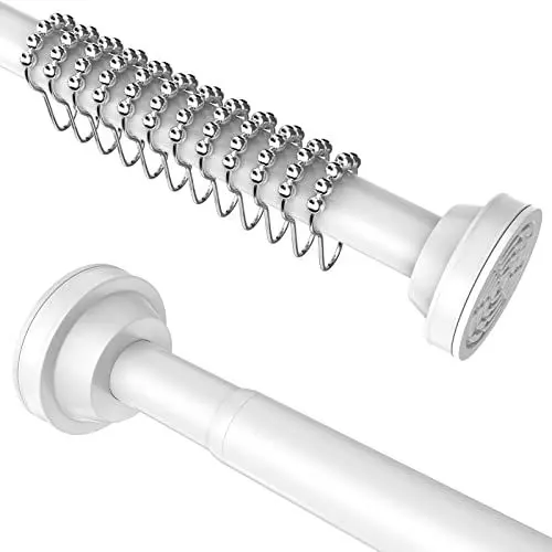 Produktbild: Misounda Duschvorhangstange ohne bohren Ausziehbar Gardinenstange ohne Bohren Verstellbar Teleskopstange für Badezimmer, Dusche, Schrank 65-115cm mit 12 Stück Haken Weiß
