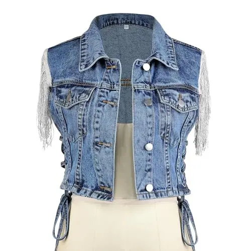 Produktbild: MISS MOLY Damen Ärmellose Jeansweste mit Fransen Beiläufige Denim-Jacke Weste Vest Frühlings-Cardigan-Top (DE/NL/SE/PL, Alphanumerisch, L, Regular, Kurz, Denim Blau)