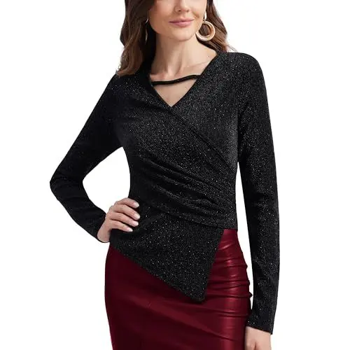 Produktbild: MISS MOLY Damen Pailletten Oberteil Langarmshirt V-Ausschnitt Festliche Glitzer Tops Party Clubwear Bluse