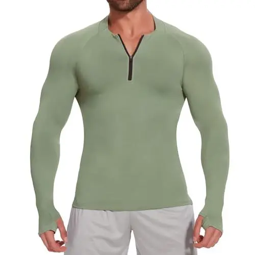 Produktbild: MISS MOLY Kompressionsshirt Herren Langarm Funktionsshirt Schnelltrocknend Laufshirt 1/15 Zip Sportshirt Herren Langarm Atmungsaktive Shirts Herren Slim Fitnessshirt mit Daumenloch(Grün,L)