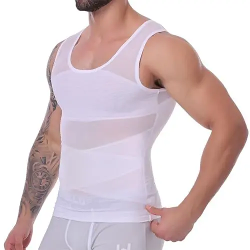 Produktbild: MISS MOLY Shapewear Herren Kompressions Shirt Elastische Bauchweg Unterhemd Taillenformer Tank Top Ärmellos Kompressionsshirt Body Shaper Weste (Weiß, L)