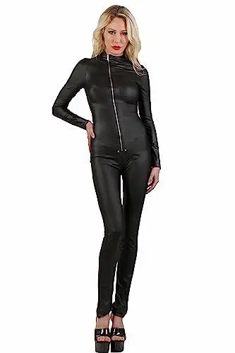 Produktbild: MISS NOIR Damen Overall im Wetlook S-3XL Sexy Jumpsuit Catsuit mit Reißverschlüsse Party Clubwear, Schwarz (20750-BK), 3XL