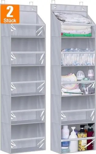 Produktbild: MISSLO 2 Stück Türorganizer Hängeorganizer mit 5 Taschen, große Schrank Hängeaufbewahrung für die Tür, klare Taschen Baby Hängeregal Lagerung für Kindergarten, Badezimmer, Schlafzimmer, Pantry (grau)