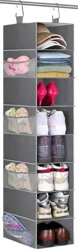 Produktbild: MISSLO 8-Regal Hängende Schuh Organizer Kleidung Schrank Organizer und Aufbewahrungsregale Huthalter mit großem Regal und seitlichen Mesh Taschen für Hüte Handtaschen Kid Pullover, grau