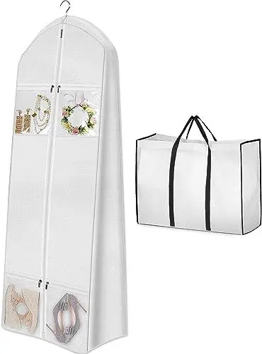 Produktbild: MISSLO 177,8cm Kleidersack Brautkleider Abdeckungen mit Tragetasche 20cm Zwickel Abendkleider Kleidersack für Lang Mäntel mit 4 Taschen Kleiderschutzhülle für Frauen, Weiß