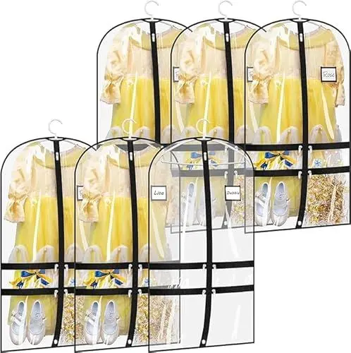 Produktbild: Misslo 6 Stück Kinder Kleidersack mit 4 Taschen, 40 Zoll KleiderhüLlen Transparent Reisetasche für Tänzer, Reise und Tanzwettbewerb, kleiderschutzhüllen für Anzüge, Kleider, Uniform, Schwarz