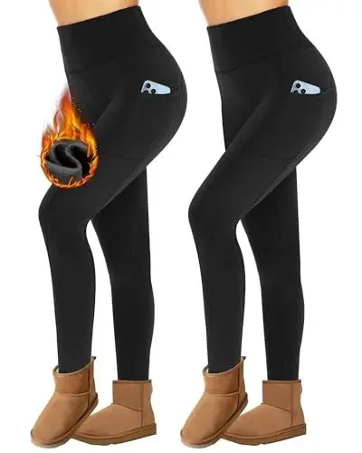 Produktbild: Missluck 2er Pack Thermoleggings Damen Winter Mit Taschen, High Waist Thermohose Gefüttert Fleece Thermounterwäsche Für Sport Gym（Schwarz/Schwarz,S/M）