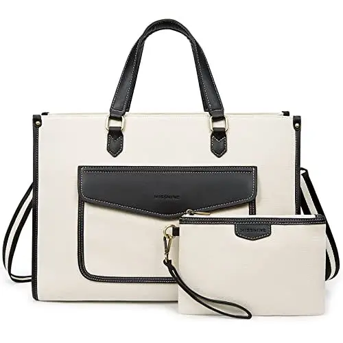 Produktbild: Missnine Laptoptasche 15,6 Zoll Handtasche Damen Business Arbeitstasche Shopper Groß mit Clutch Geldbörse 2er Set Lehrertasche Aktentasche Für Büro Uni Schwarz & Beige