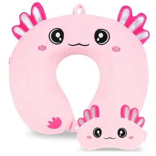 Produktbild: MissSoul Reisekissen, Kinder-Reisekissen mit Schlaf-Augenmaske, weiches Memory-Schaum-Nackenkissen für Kinder, Jungen und Mädchen, Teenager, Reisezubehör für Flugzeug - Axolotl Nackenkissen