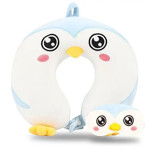 Produktbild: MissSoul Reisekissen, Kinder-Reisekissen mit Schlaf-Augenmaske, weiches Memory-Schaum-Nackenkissen für Kinder, Jungen und Mädchen, Teenager, Reisezubehör für Flugzeug – Pinguin-Nackenkissen