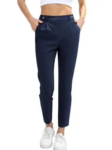 Produktbild: Missufe Bequeme Hosen Hohe Taille Freizeithose Damen Stretch Lang Stoffhose Skinny Pants mit Taschen (Dunkelblau, Small)