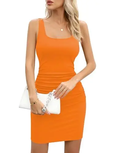 Produktbild: Missufe Sommerkleid Bodycon Minikleid Freizeitkleid Strickkleid Damen Figurbetontes Bleistiftkleid Kurzes Kleider (Orange, X-Small)