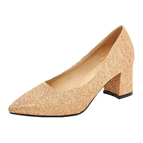 Produktbild: MISSUIT Damen Chunky Heels Pumps mit Blockabsatz High Heels Spitz Glitzer Braut Hochzeitsschuhe(Gold,39)