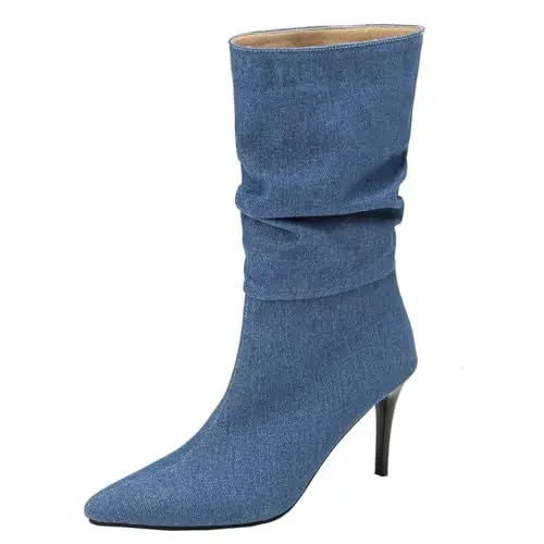 Produktbild: MISSUIT Damen Denim Slouchy Stiefeletten Stiletto Ankle Boots Spitz Halbstiefel High Heels Halbschaft Stiefel Schuhe(Blau,38)