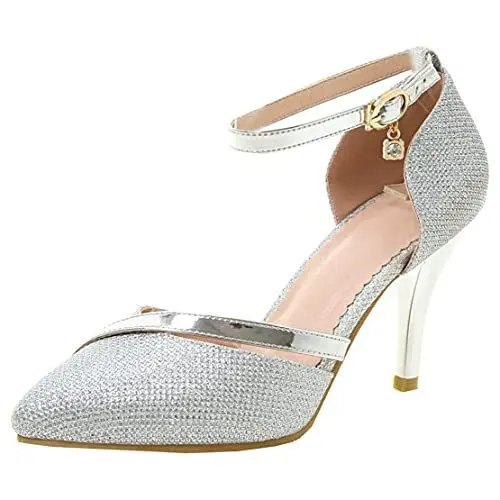Produktbild: MISSUIT Damen Glitzer High Heels Pumps Spitz mit Riemchen Stiletto Pailletten Hochzeit Brautschuhe(Silber,37)