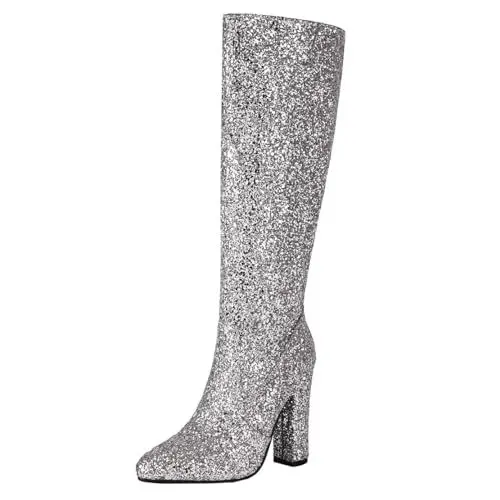 Produktbild: MISSUIT Damen Glitzer Kniehohe Stiefel Spitz High Heels Stiefel Kniehoch Hohe Stiefel mit Blockabsatz Langschaftstiefel Reißverschluss Schuhe(Silber,40)