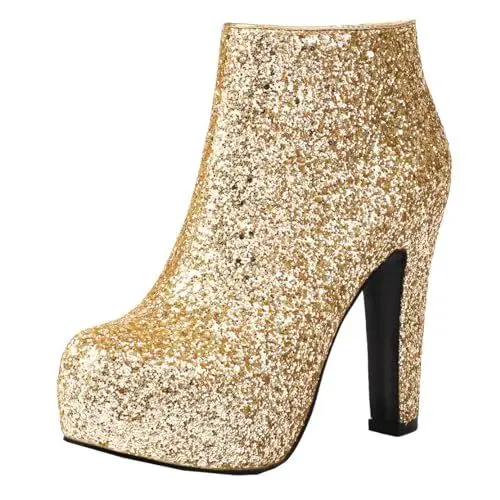 Produktbild: MISSUIT Damen Glitzer Stiefeletten Plateau High Heels Ankle Boots Blockabsatz Reißverschluss Schuhe(Gold,39)