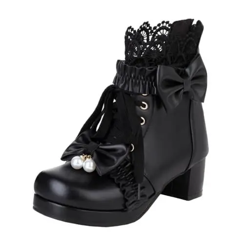 Produktbild: MISSUIT Damen Gothic Stiefeletten Plateau mit Spitze Perlen und Schleife Blockabsatz Schnürung(Schwarz,36)