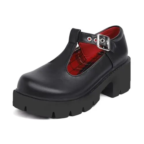 Produktbild: MISSUIT Damen Gothic T-Strap Plateau Schuhe Chunky Blockabsatz Mary Jane(Schwarz PU,36)