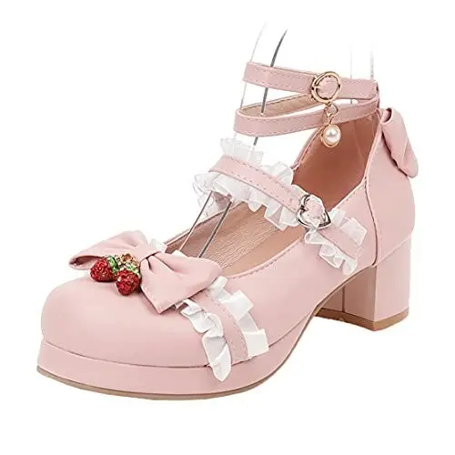 Produktbild: MISSUIT Damen High Heels Blockabsatz Mary Jane Chunky Heels Pumps mit Riemchen Schleife Schuhe(Pink,45)