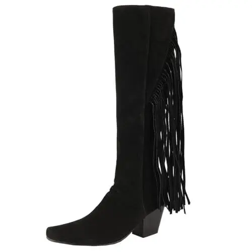 Produktbild: MISSUIT Damen Hohe Stiefel Blockabsatz Fransen Stiefel Kniehoch Absatz Kniehohe High Heels Stiefel Schuhe(Schwarz,37)