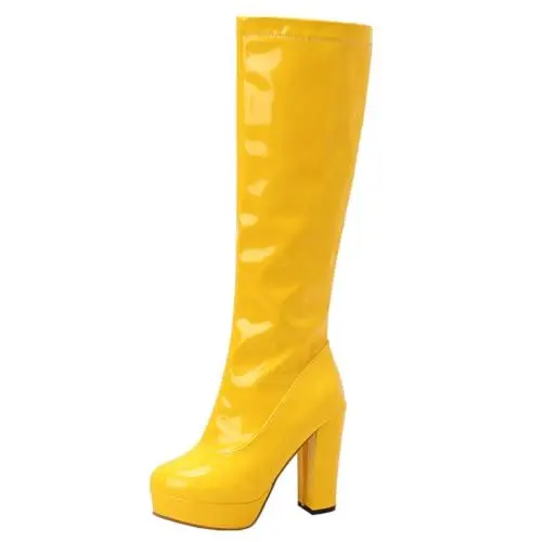 Produktbild: MISSUIT Damen Kniehohe Lackstiefel Blockabsatz Plateau Stiefel Kniehoch High Heels Reißverschluss Absatz Schuhe(Gelb,34)
