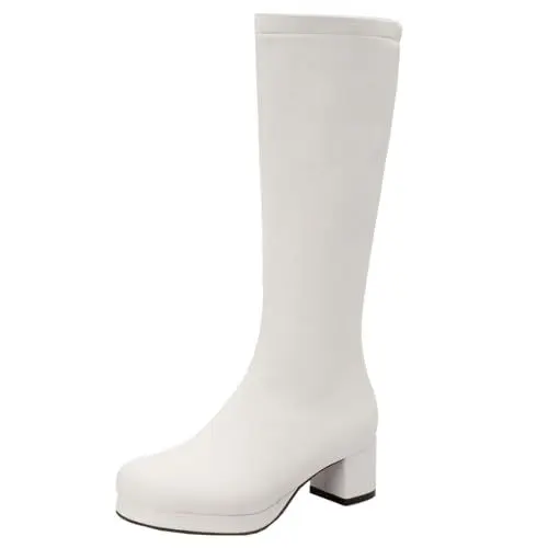 Produktbild: MISSUIT Damen Kniehohe Stiefel High Heels Plateau Stiefel Blockabsatz Kniehoch Hohe Stiefel Reißverschluss Schuhe(Weiß,43)