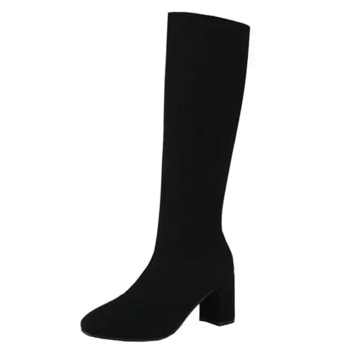 Produktbild: MISSUIT Damen Kniehohe Stiefel Stretch Strick Langschaft Stiefel mit Blockabsatz Hohe Stiefel High Heels Kniehoch Schuhe(Schwarz,41)