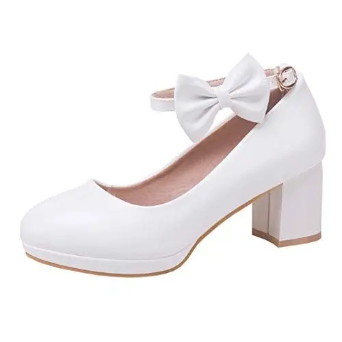Produktbild: MISSUIT Damen Knöchelriemchen Chunky Heels Pumps mit Blockabsatz und Riemchen Rockabilly Schleife(Weiß,39)