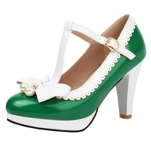 Produktbild: MISSUIT Damen Lack Blockabsatz T-Strap Pumps Plateau Absatz High Heels Mary Jane Schleife mit Perlen(Grün,39)
