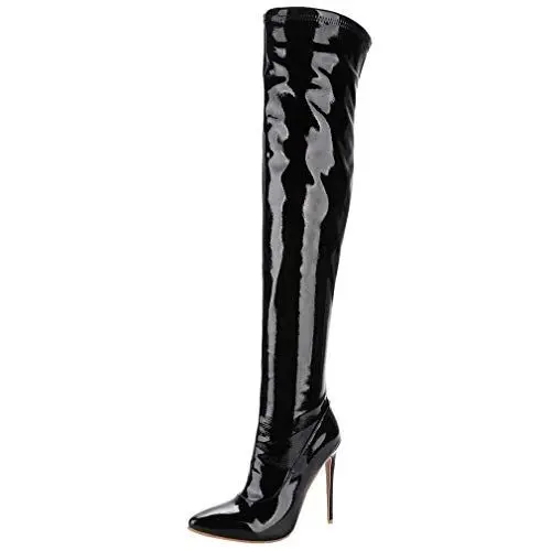 Produktbild: MISSUIT Lack Overknee Stiefel High Heel Stiletto Boots mit Reißverschluss und 12cm Absatz Herbst Winter Schuhe (Schwarz,EU34)