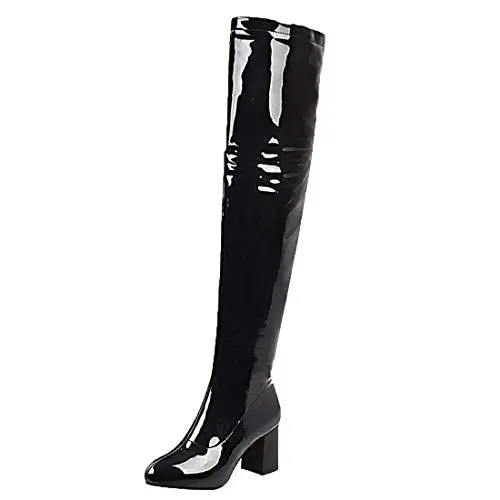 Produktbild: MISSUIT Damen Lack Overknee Stiefel High Heels Blockabsatz Boots Reißverschluss Chunky Heel Langschaftstiefel Winter Schuhe(Schwarz,42)