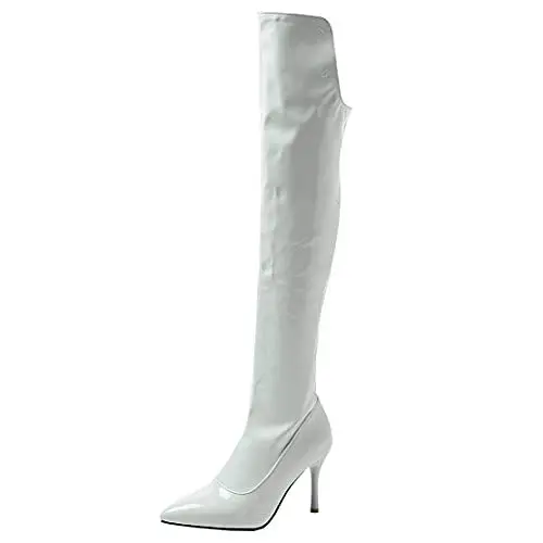 Produktbild: MISSUIT Damen Lack Overknee Stiefel High Heels Spitz Stiletto Boots mit Reißverschluss 9cm Absatz Schuhe(Weiß,37)