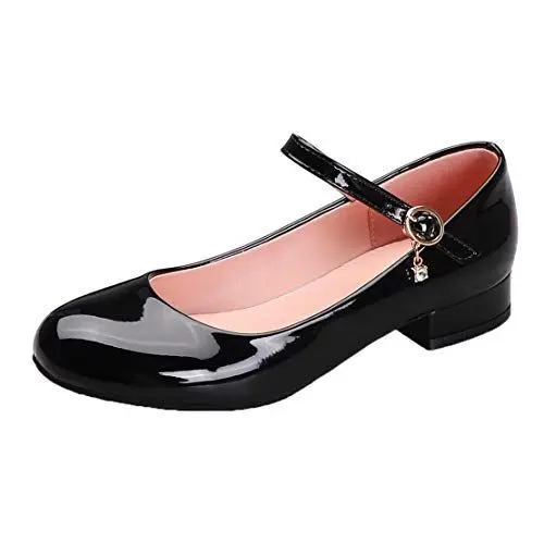 Produktbild: MISSUIT Damen Lack Pumps mit Riemchen Flach Mary Jane Flat Damenschuhe Kleid Schuhe(Schwarz,38)