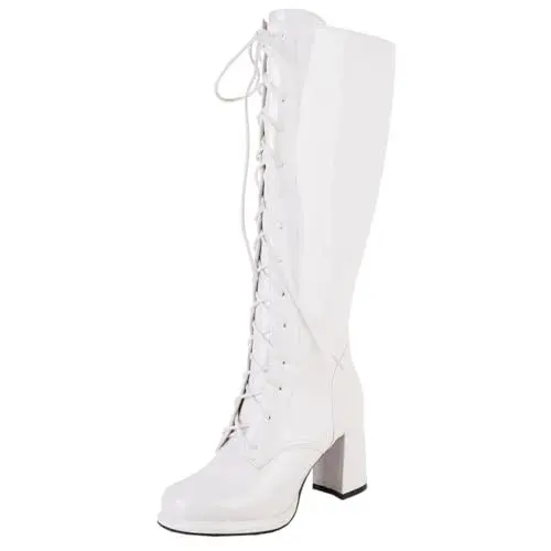 Produktbild: MISSUIT Damen Lackstiefel Plateau Blockabsatz Schnürstiefel High Heels Stiefel Kniehoch Reißverschluss Kniehohe Stiefel zum Schnüren Kniestiefel Schuhe(Weiß,39)