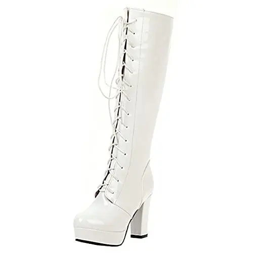 Produktbild: MISSUIT Damen Lackstiefel Plateau Stiefel Kniehoch High Heels Kniehohe Stiefel mit Blockabsatz Schnürung Reißverschluss Schuhe(Weiß,41)